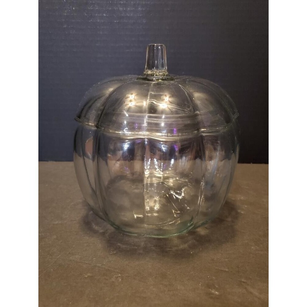 Anchor Hocking Pumpkin Cookie Jar Candy Glass Dish W/ Lid 7” Fall Halloween Vtg